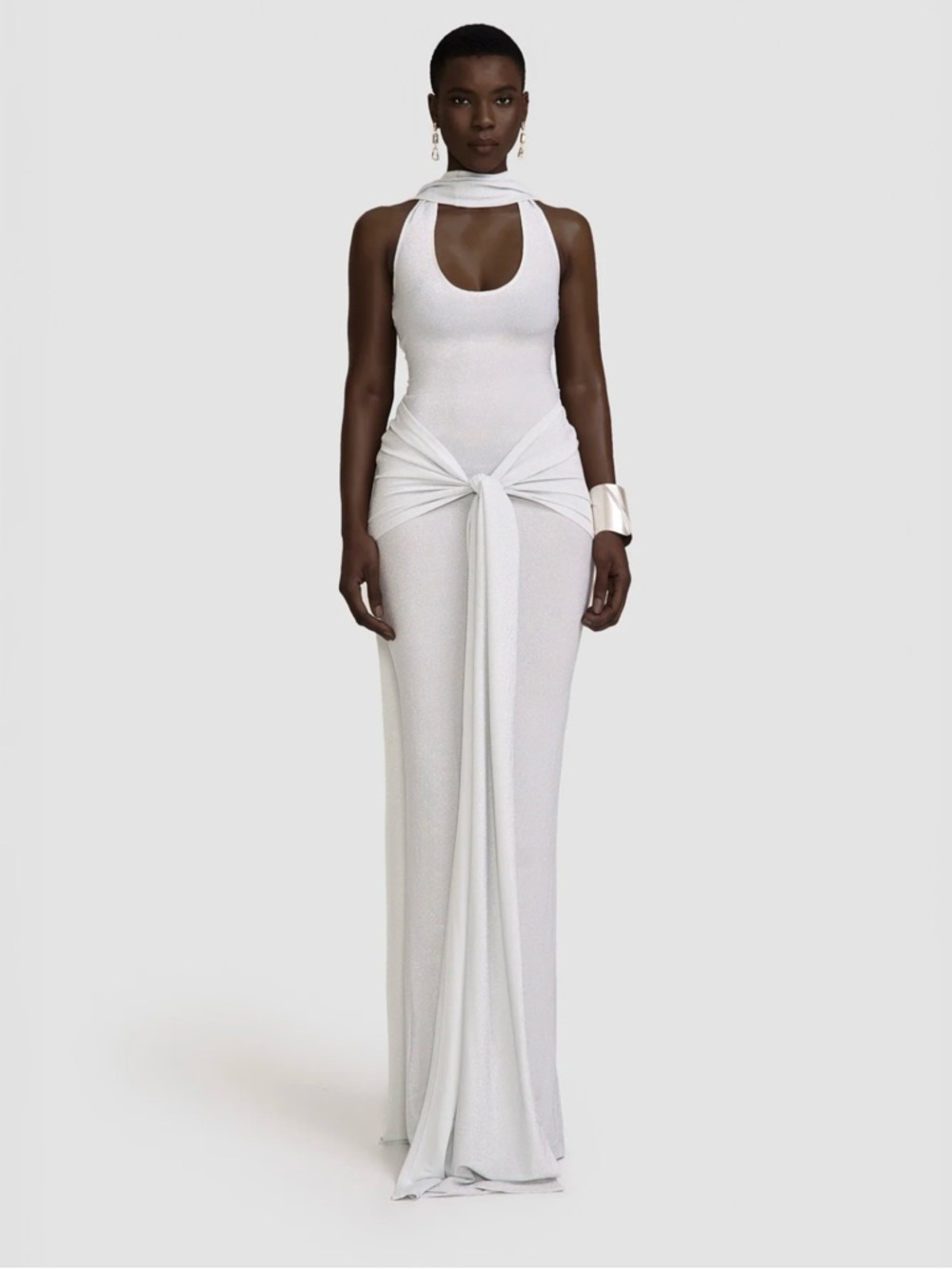 Silver Halter Maxi Dress with Draped Knot Front